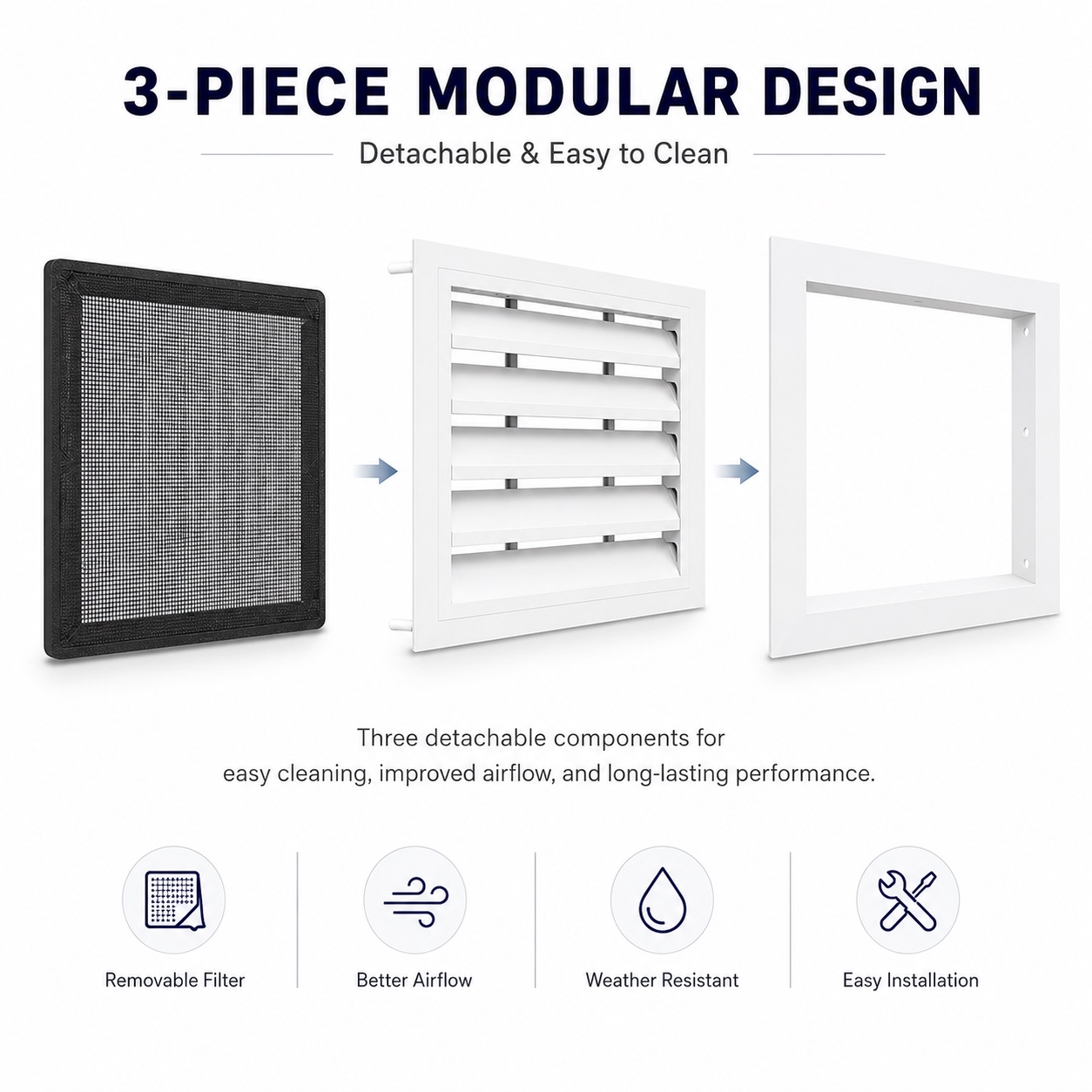 Three-piece modular gable vent with removable filter