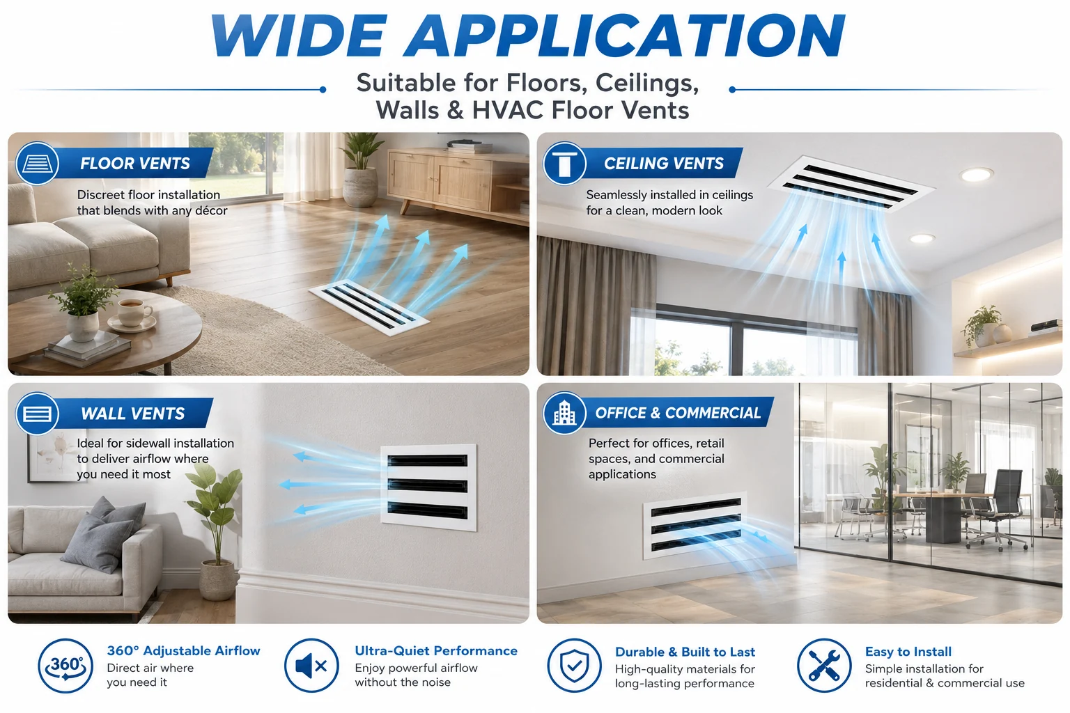 Vent covers installed on floors, ceilings, walls, and offices